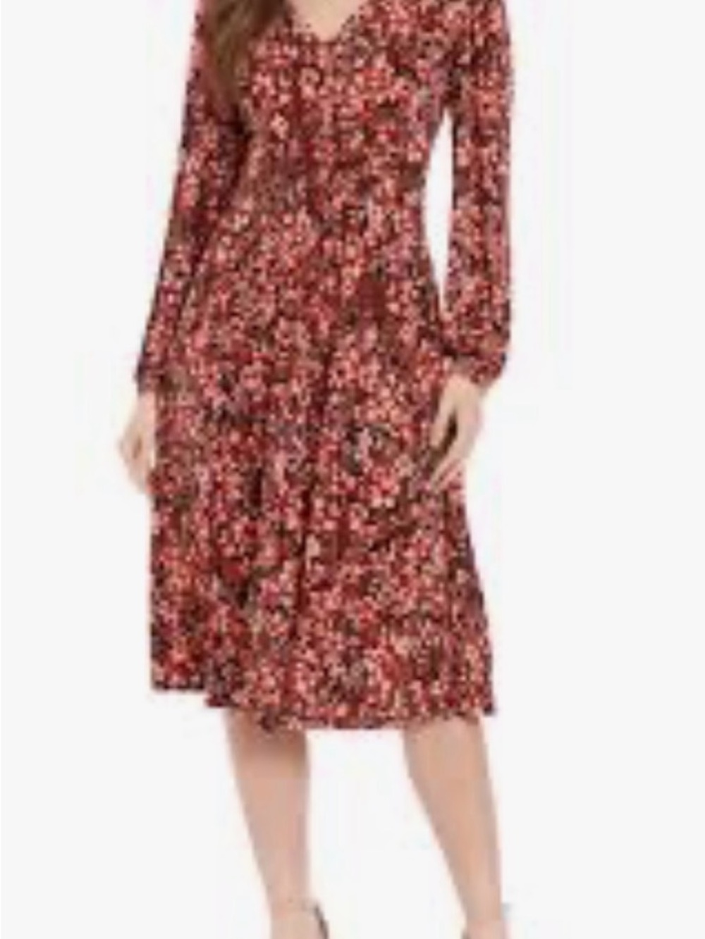 London Times Coral, Peach & Black Floral V‑Neck Midi Dress with Long Sleeves